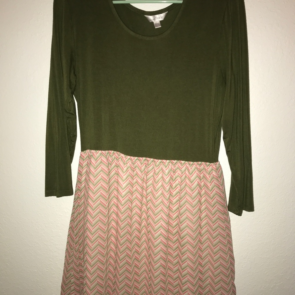 green, white and pink chevron dress